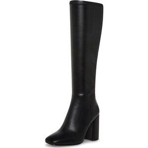 Women's Faux Leather Black Square Toe Knee High Chunky Heel Side Zip Tall Boots